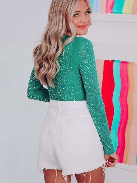 Women's Dazzling Emerald Rhinestone Sheer Bodysuit
