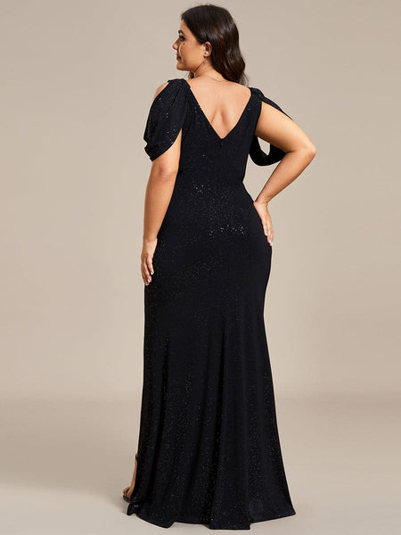 Dazzling Glittery Evening Gown with Cold Shoulder and Puff Sleeves