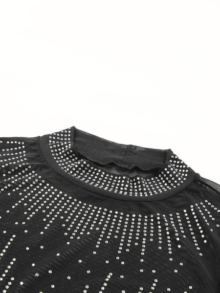 Women's Dazzling Rhinestone Embellished Sheer Mesh Long Sleeve Bodysuit
