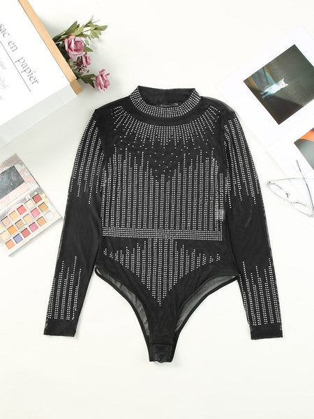 Women's Dazzling Rhinestone Embellished Sheer Mesh Long Sleeve Bodysuit