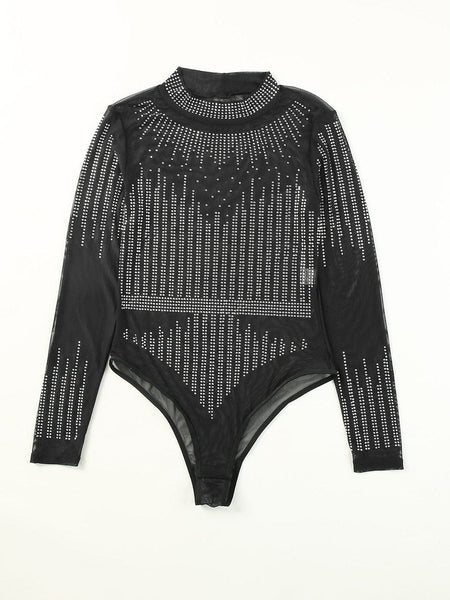 Women's Dazzling Rhinestone Embellished Sheer Mesh Long Sleeve Bodysuit