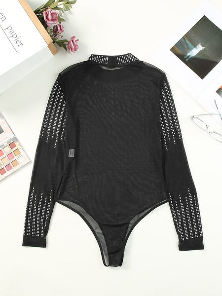 Women's Dazzling Rhinestone Embellished Sheer Mesh Long Sleeve Bodysuit