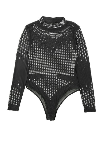 Women's Dazzling Rhinestone Embellished Sheer Mesh Long Sleeve Bodysuit