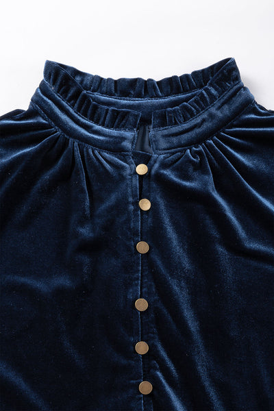 Chic Navy Blue Velvet Women's Top with Frilled Neck and Button Detail - Ideal for Casual and Dressy Events