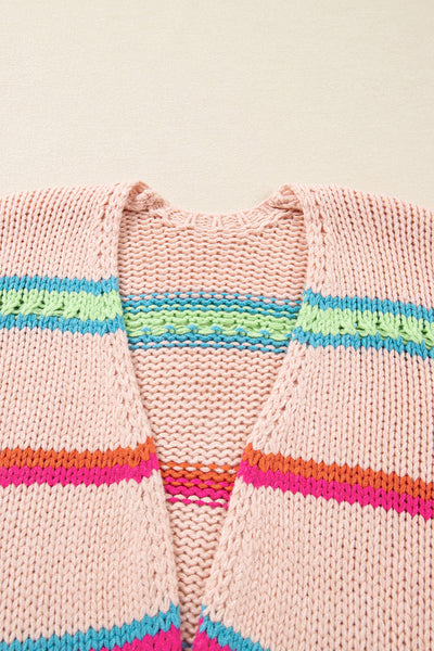 Chic Women's Oversized Multicolor Striped Knit Cardigan - Cozy Open Front Layer for Stylish Fall Outfits