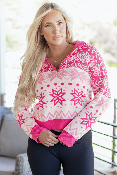 Women's Quarter-Zip Rose Pink Snowflake Fair Isle Sweater