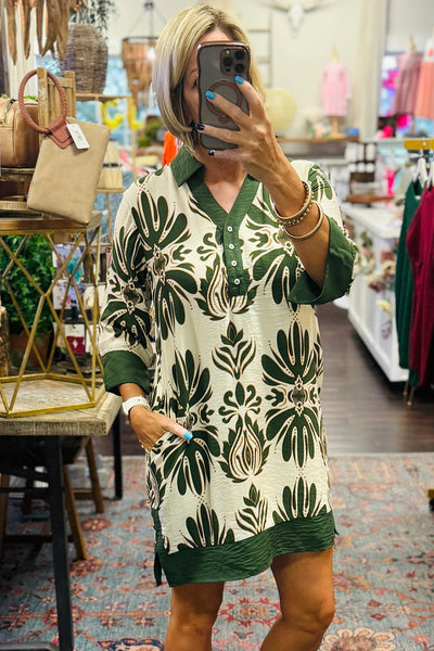 Women's Green Floral Mini Dress with Color Block Trim & 3/4 Sleeves - Ideal for Casual Outings and Vacation Wear