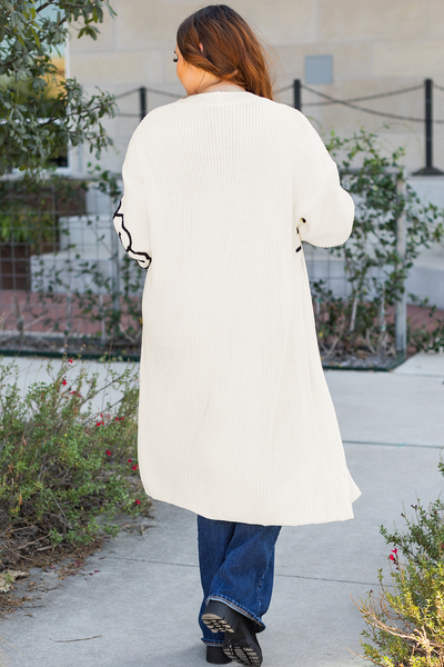 Beige Flower Embroidered Women's Open Front Duster Cardigan with Drop Shoulders - Stylish and Comfortable Layering Piece
