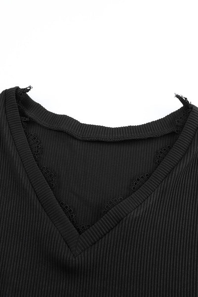Women's Black Ribbed V-Neck Long Sleeve Top with Lace Trim Chic & Comfortable Everyday Essential for Stylish Looks