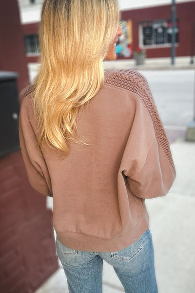 Stylish Women's Cozy Straw Yellow Cable Knit Sweatshirt with Drop Shoulder and Trendy Patchwork Detail