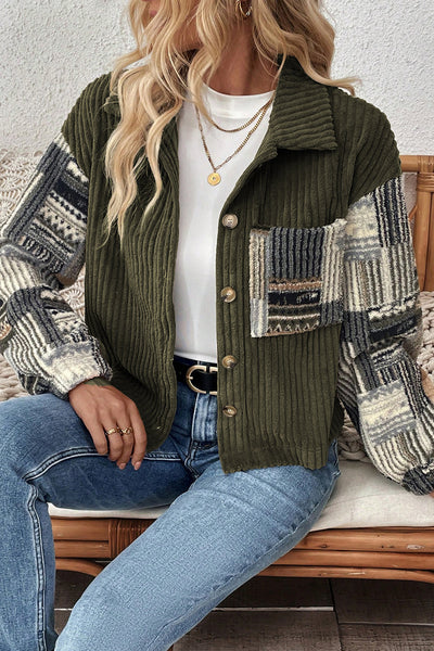 Women's Cozy Jungle Green Ribbed Fleece Plaid Jacket - Effortless Layering with Stylish Patchwork Design