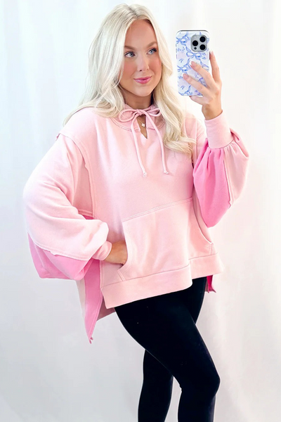 Trendy Women's Light Pink Color Block Hoodie with Balloon Sleeves & Kangaroo Pocket Chic High-Low Fashion Top