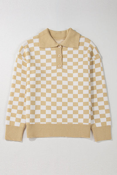 Cozy Women's Apricot Checkered V-Neck Sweater with Button Details & Drop Shoulder for Effortless Style
