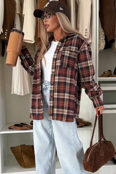 Cozy Mineral Red Plaid Boyfriend Shacket for Women Stylish Flannel Overshirt with Chest Pocket for Casual Layering