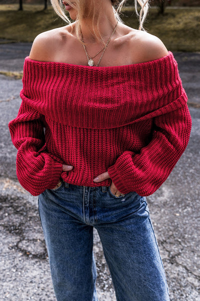 Cozy Women's Off-the-Shoulder Knit Sweater in Racing Red - Stylish Fall Fashion for Casual Outings and Everyday Wear
