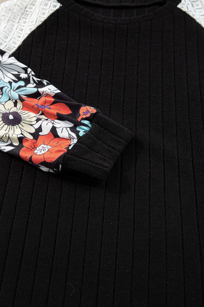 Elegant Women's Black Floral Patchwork Long Sleeve Blouse - Stylish Ribbed Top for Comfortable Everyday Wear