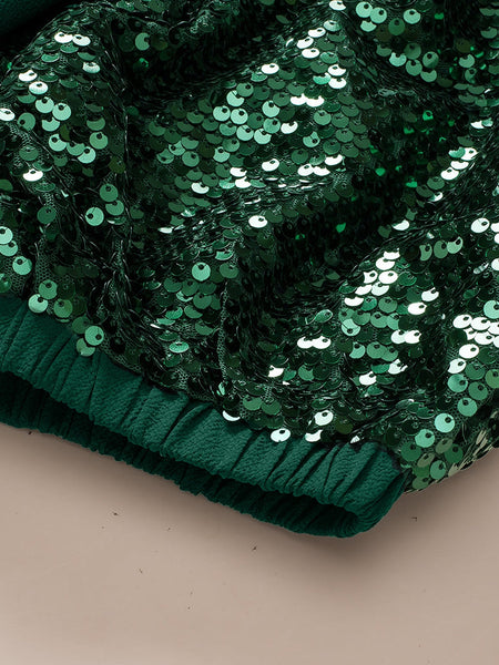 Blackish Green Plus Size Sequin Short Puff Sleeve Top