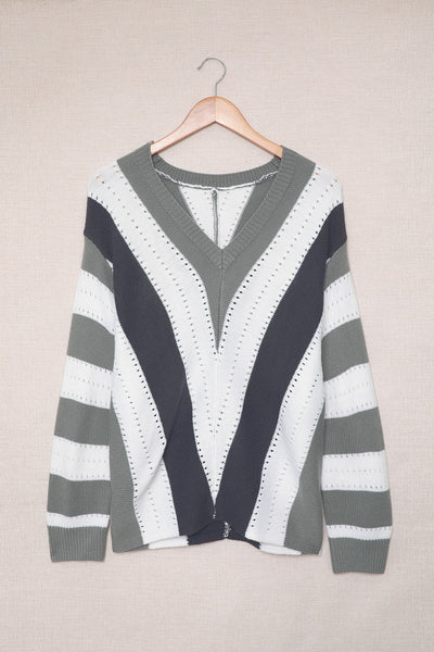Zip-Up V-Neck Striped Sweater