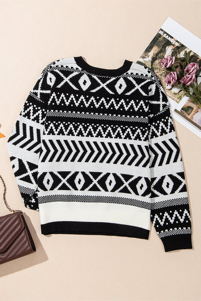 Cozy Women's Black Abstract Print Pullover Sweater for Year-Round Style and Comfort