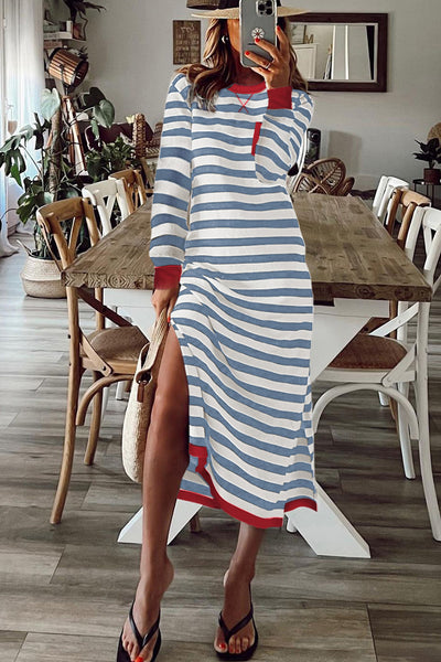 Chic Sky Blue Striped Midi Dress for Women with Long Sleeves, Contrast Edges, and Stylish Side Slits