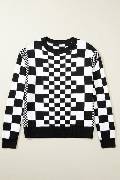 Cozy Women's Black Checkered Drop Shoulder Sweater with Round Neck Chic Knit for Effortless Everyday Style