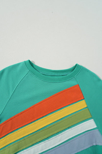 Women's Cozy Mint Green Rainbow Colorblock Striped Pullover Sweatshirt - Stylish Comfort for Casual Outings