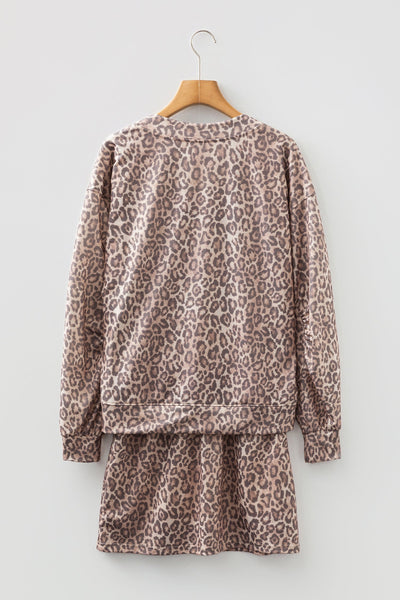 Women's Light French Beige Leopard V-Neck Pullover and Mini Skirt Set with practical styling and dependable silhouette control.