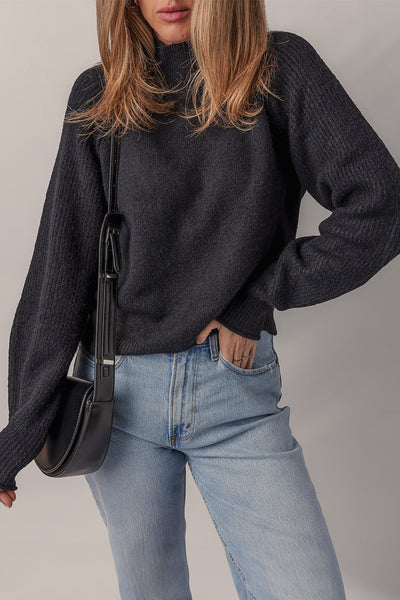 Stylish Women's Black Ribbed Knit High Neck Sweater with Cozy Raglan Sleeves - Ideal for Casual Chic Outfits