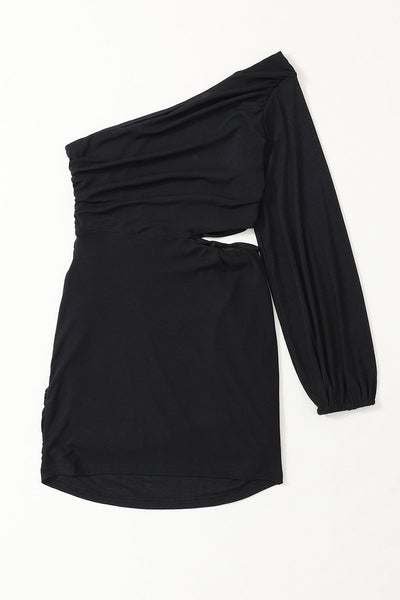 Sexy Pleated One Shoulder Solid Color Long Sleeves Mini Dress