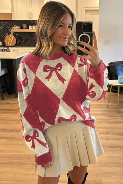 Cozy Loose Fit Women's Red Bow Print Two-Tone Rhombus Knit Sweater for Effortless Chic Style