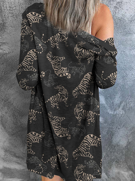Wild Tiger Print Black Button-Up Cardigan for a Fashionable Fall