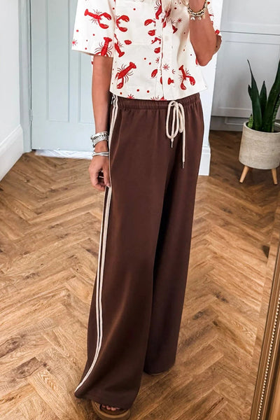 cinnamon wide leg women's pants with varsity stripes and comfortable drawstring waist for effortless style made for easy styling and wardrobe with