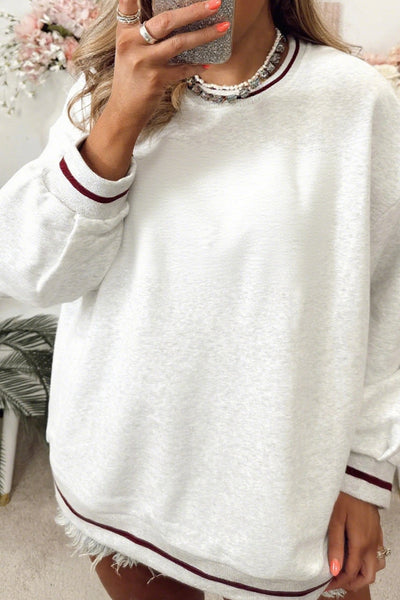 Plus Size Women's Light Grey Striped Casual Sweatshirt with Trendy Drop Shoulders and Chic Patchwork Details