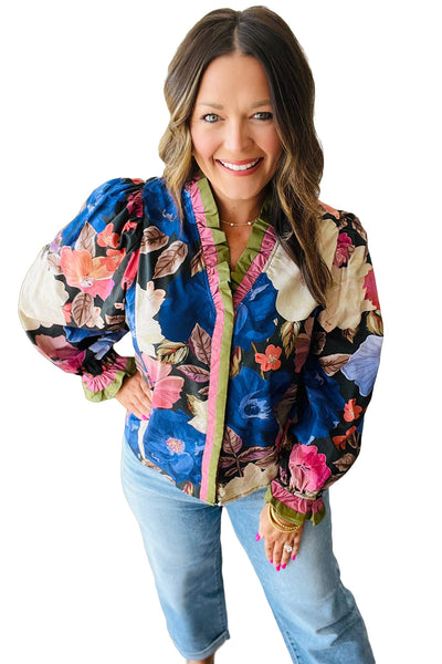 Women's Fall Fashion Floral Print Blouse in Blue with Frilly Striped Trim and Puff Sleeves for a Chic Look