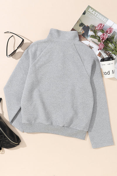 Cozy Women's Light Grey Textured Knit Sweatshirt with Buttoned Detail & Kangaroo Pocket for Casual Chic Style