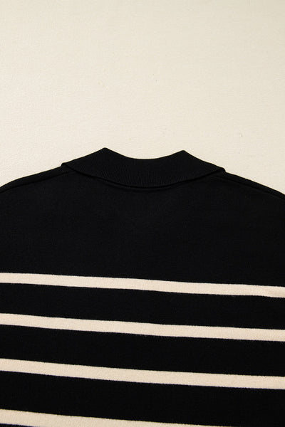 Elegant Women's Black Striped Polo Mini Dress with Puff Sleeves for Stylish Comfort and Versatile Everyday Wear