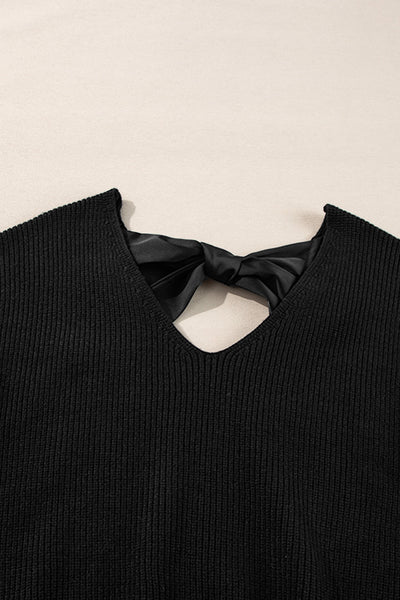 Cozy Women's Black Lantern Sleeve V-Neck Sweater with Knot Back Stylish and Comfortable for Every Occasion