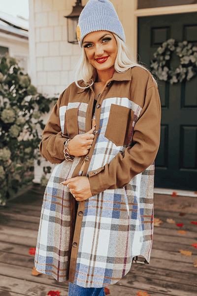 Chic Women's Khaki Plaid Long Sleeve Mini Dress - Casual Everyday Style with Trendy Patchwork Design
