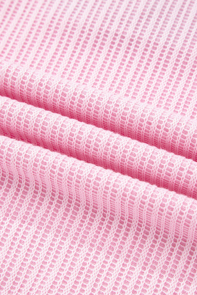 Women's Pink Textured Knit Color Block Long Sleeve Top with Button Neck - Stylish & Comfortable Casual Wear