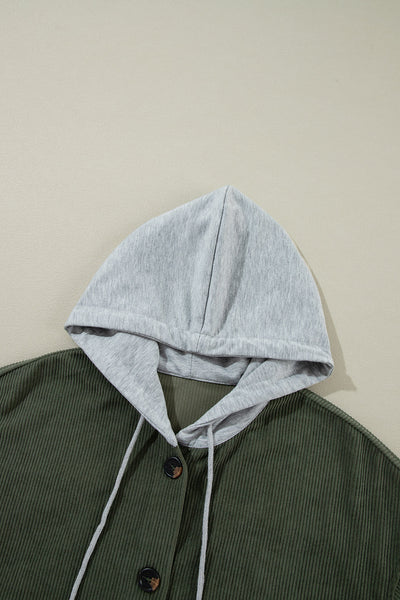 Stylish Women's Jungle Green Oversized Corduroy Hooded Shacket with Contrast Details for Ultimate Comfort