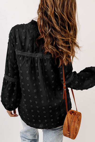 Women's Swiss Dot V-Neck Babydoll Blouse with Crochet Lace