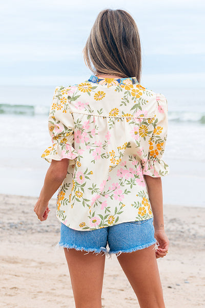 Women's Boho Floral Crochet Blouse in Multicolor with V-Neck and Half Sleeves for Effortless Chic Style