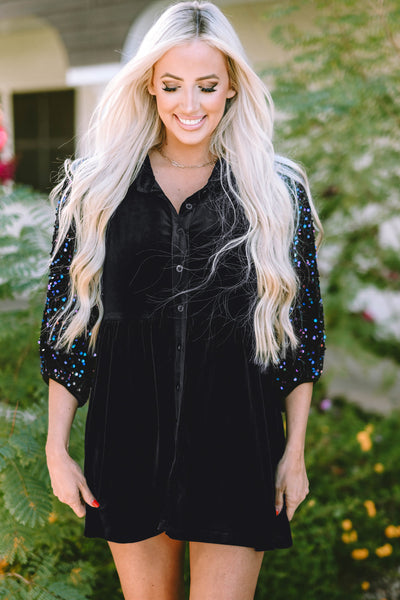 Chic Women's Black Velvet Peplum Blouse with Sequin Puff Sleeves Stylish Button-Up Top for Special Events