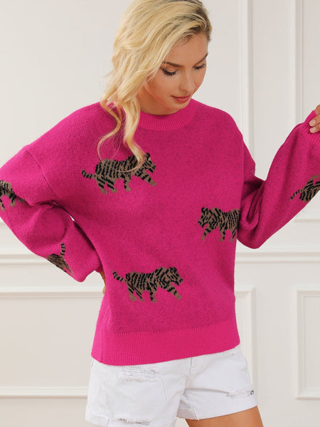 Fierce Leopard Print Rose Red Knit Sweater for Casual Chic