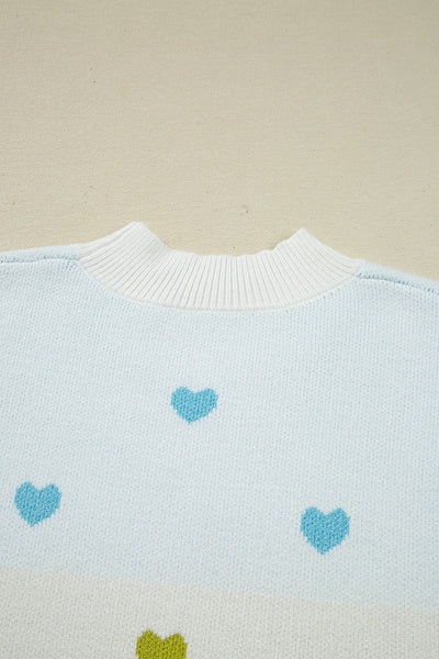 Cozy Women's Multicolor Heart Pattern Colorblock Knit Sweater - Chic High Neck Pullover for Casual Comfort