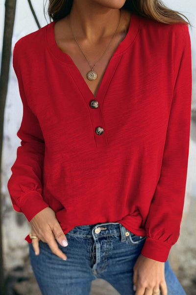 Women's Racing Red Button V-Neck Blouse with Relaxed Silhouette