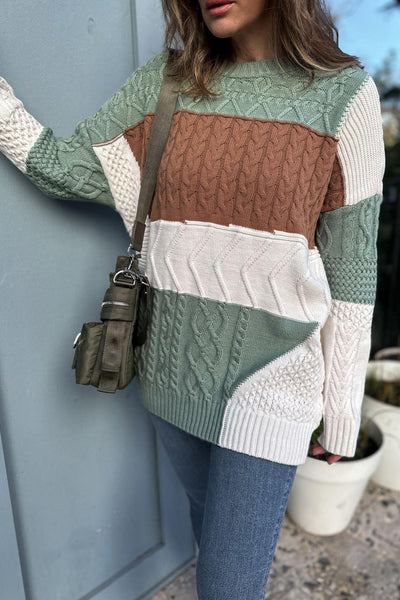 Cozy Women's Green Color Block Knit Sweater with Cable Texture - Relaxed Fit for Effortless Casual Style