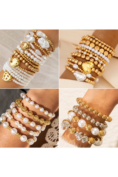 Chic Women's Gold-Plated Pearl Beaded Bracelet Set - 10 Elegant Pieces for Versatile Fashion Styles and Outfits