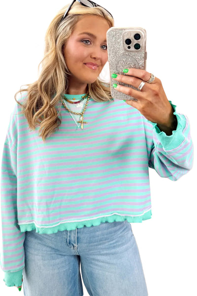 Cozy Oversized Green Stripe Sweatshirt for Women with Exposed Seams & Contrast Trim - Casual Chic Essential