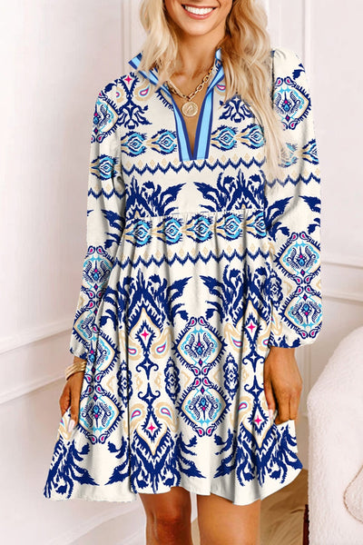 Women's Flowing Blue Ethnic Print Mini Dress with Split Neck and Long Sleeves for Effortless Boho Chic Style